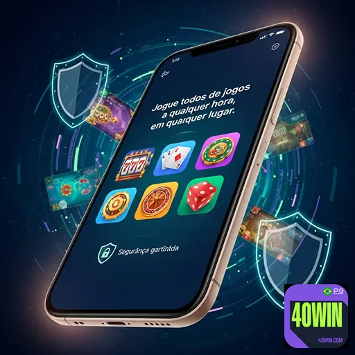 Tela de smartphone exibindo o app casino 40win com jogos e promoções